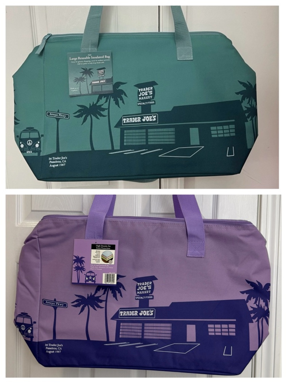 Set of 2 Trader Joe's 2026 large insulated cooler Reusable Tote Bags Purple Blue